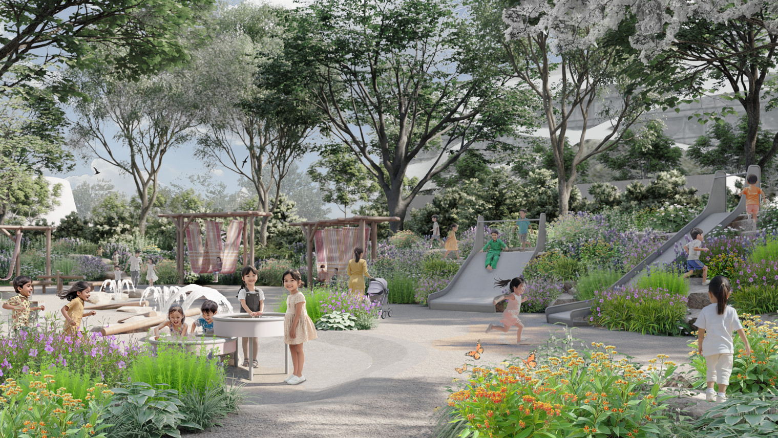 Children playing in a park with slides, water features, and lush greenery.